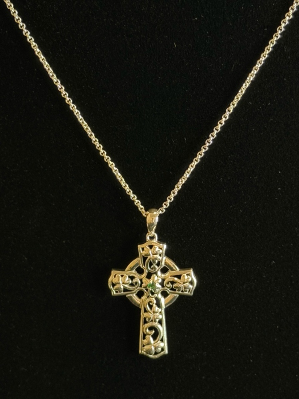 925 Italy Silver Celtic Cross Necklace with Green Stone Accent
